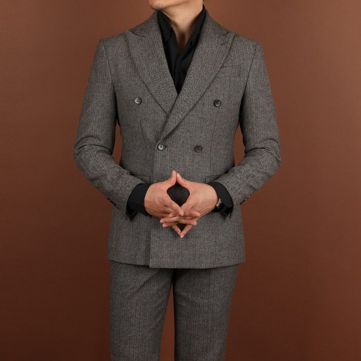 로얄수트 헤링본 더블정장 가을 겨울 모직 울 모카 브라운 더블 수트셋업