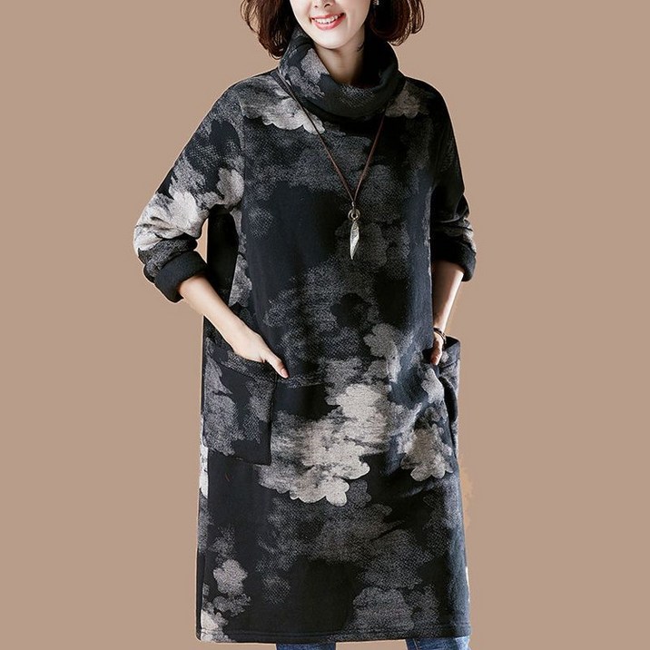 COSYEVNO  여성 원피스 추동 터틀넥 프린트 캐주얼 우아한 40-50대 엄마 롱스커트 CXJ-19