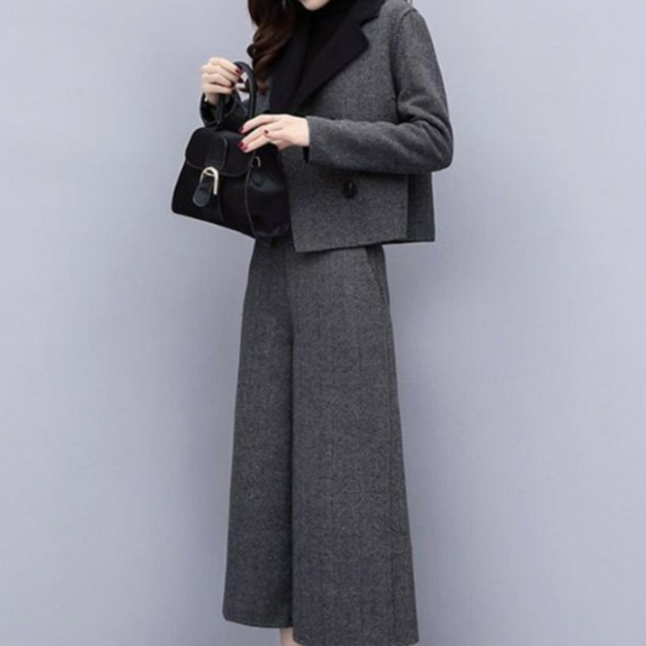 ANYOU 여성 직장인 가을 겨울 투피스 캐주얼 하객룩 상하세트 모직 코트 +와이드 팬츠