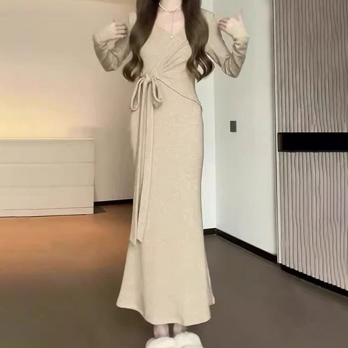 구디프 여성용 랩 리본 니트 맥시 원피스 구디프 여성용 랩 리본 니트 맥시 원피스