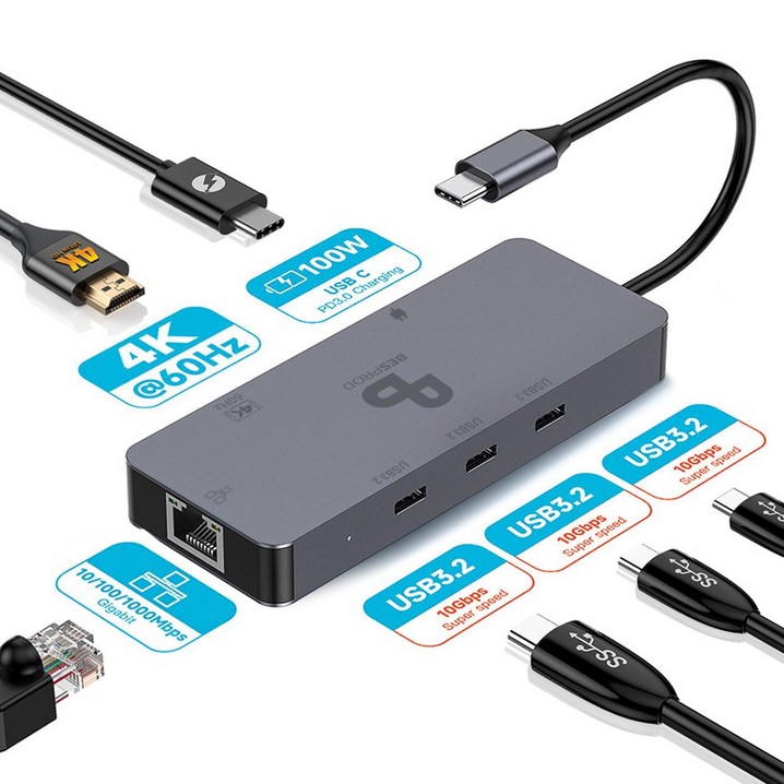 베스프로드 USB HUB 허브 6in1 멀티 포트 USB3.2 10Gbps 4K60Hz 아이폰 아이패드 맥북 프로 에어 윈도우 노트북