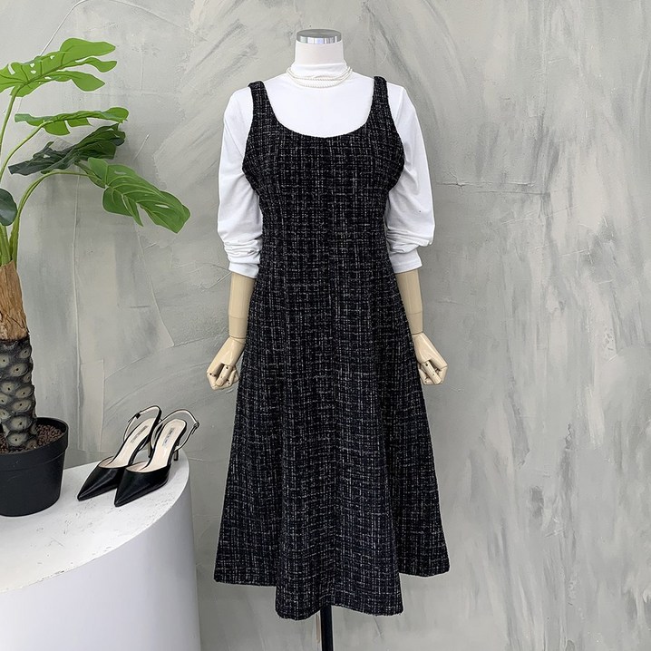 행복여 블링 체크 트위드 플레어 뷔스티에 원피스