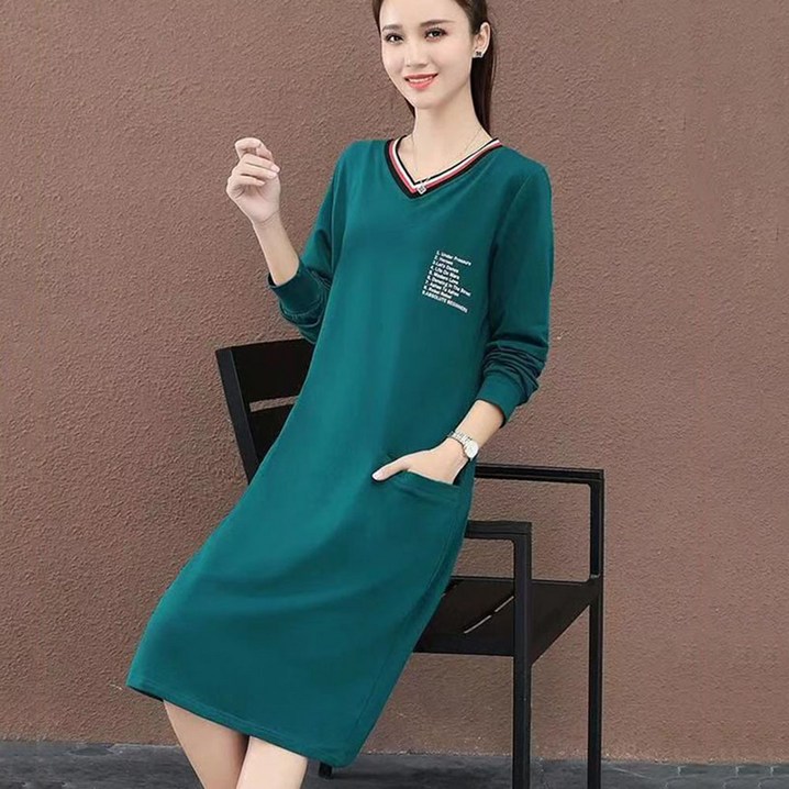 ROYALBELLE 여성용 V넥 긴팔 포켓 디자인 캐주얼 면 원피스 봄 가을 V111301