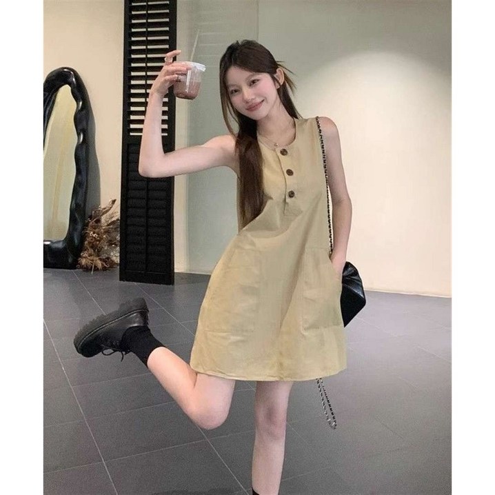 MOSAIRATION 여름 여성용 캐주얼 민소매 원피스 버튼 장식 편안한 면 짧은 드레스 W18