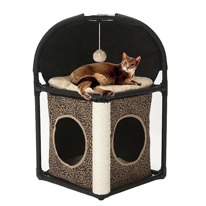 BORUIMA 실내 고양이용 고양이 하우스 타워 하우스, 침대 큐브, 엿봄 구멍, 스크래치 기둥 및 달랑거리는 장난감 포함 바이오더 20230526