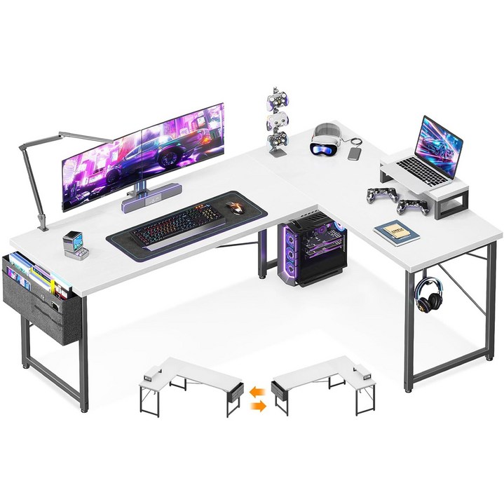 AODK 수납형 L형 코너 데스크,모니터 받침대와 헤드셋 거치대 포함,좌우 교체 가능 책상, 화이트+수납 랙 없음 기본형