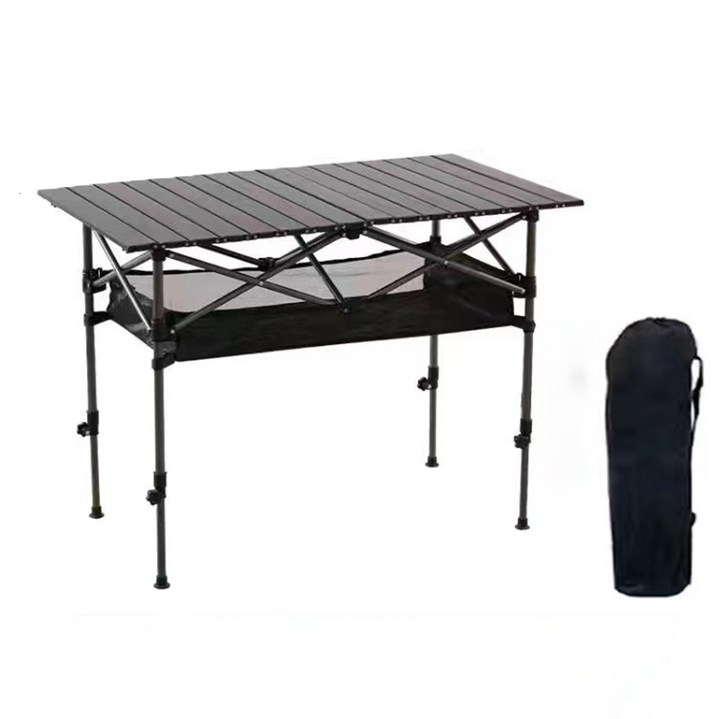 고품질후강판 휴대용 높이 조절 접이식 캠핑 테이블+망태, 블랙