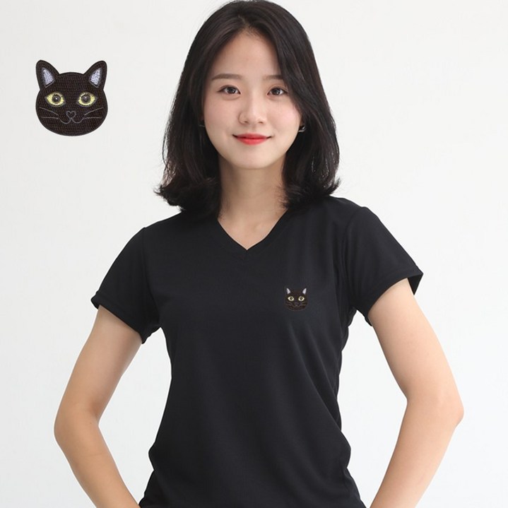 아디다스반팔원피스 멋지군 코오롱 쿨론 기능성 브이넥 여성 고양이 자수 반팔 티셔츠