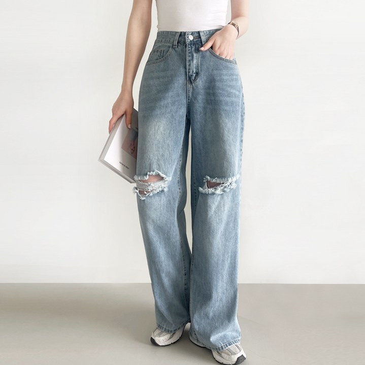 가비진 여성용 데님 일자 와이드 찢어진 바지 팬츠 헤짐 청바지 디스트로이드진 청바지