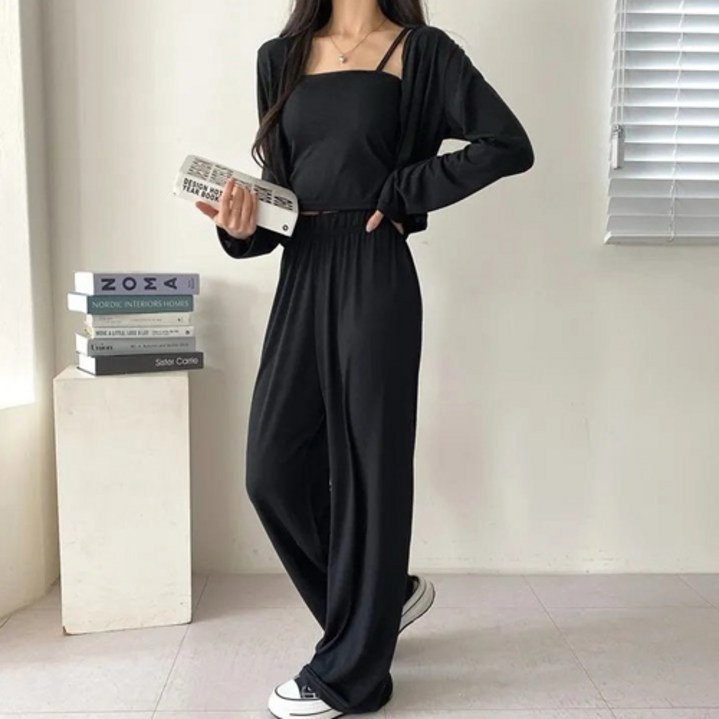 찰랑 볼레로 끈나시 와이드팬츠 크롭 쓰리 세트