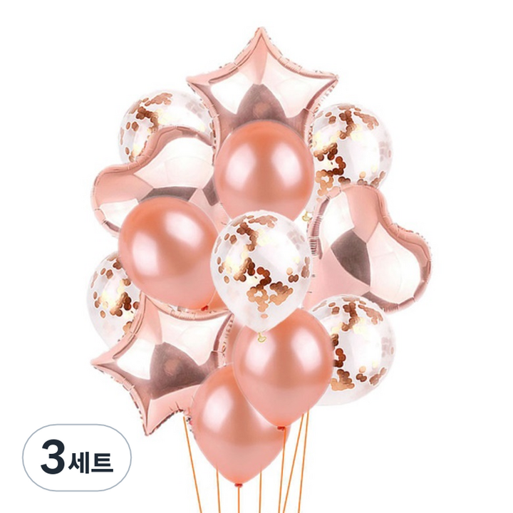 에브리띵스마일 스타 하트 컨페티 혼합 풍선 14p  핸드 펌프 일반형 랜덤발송  컬링 리본끈 랜덤발송 10m  글루닷 20p 세트, 로즈골드, 3세트