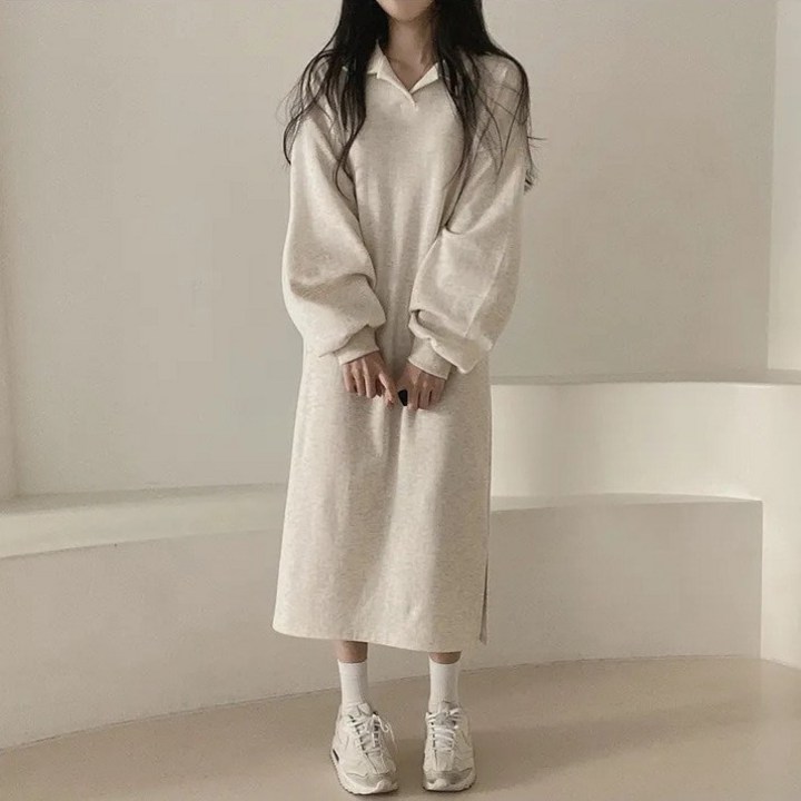 아이엠몽 여성용 샤네스 베이직 무지 카라 긴팔 맨투맨 롱 원피스