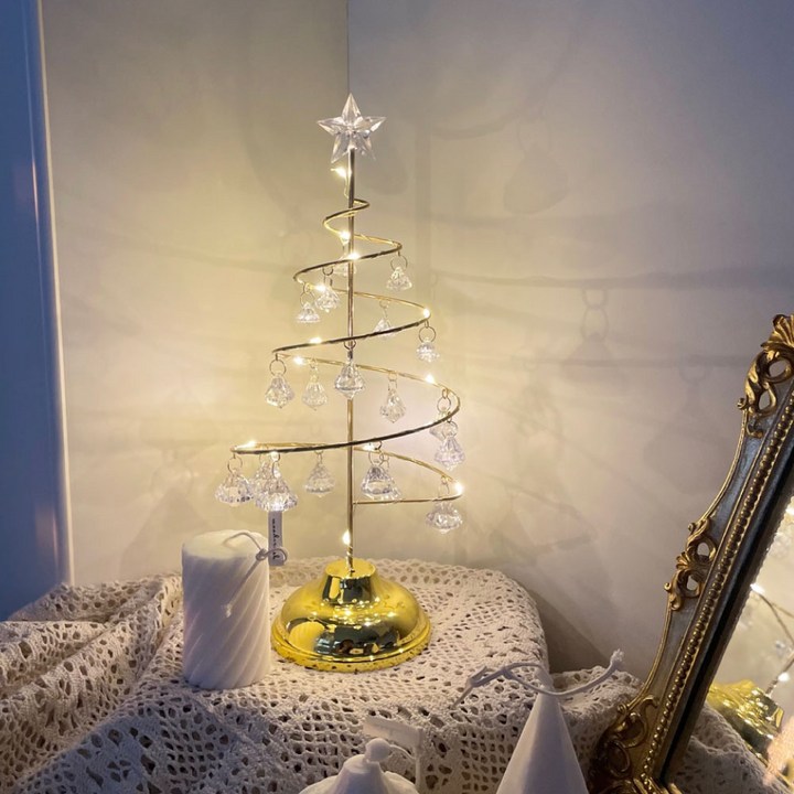 크리스탈 드롭 크리스마스 트리 인테리어 조명 감성 램프 무드등, 골드메리, 1개