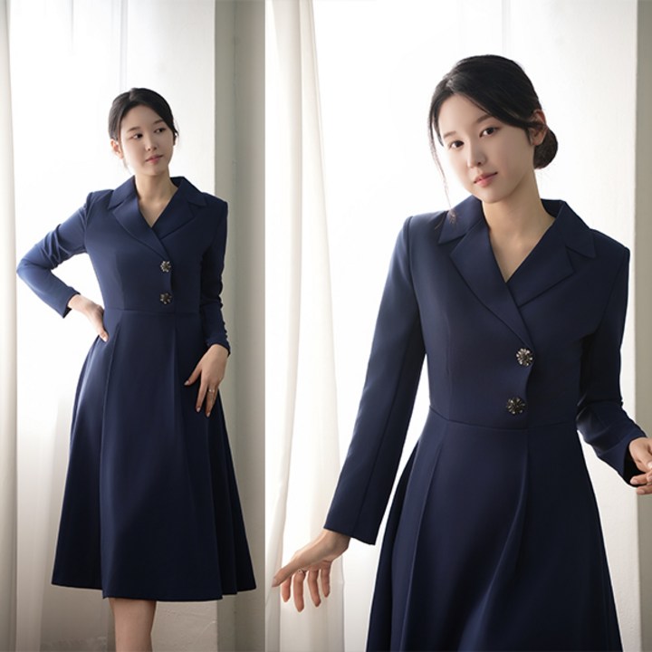 비비디아 네이비 롱원피스 여성 투버튼 자켓스타일 하객룩 오피스룩 단정한 정장 원피스 5539