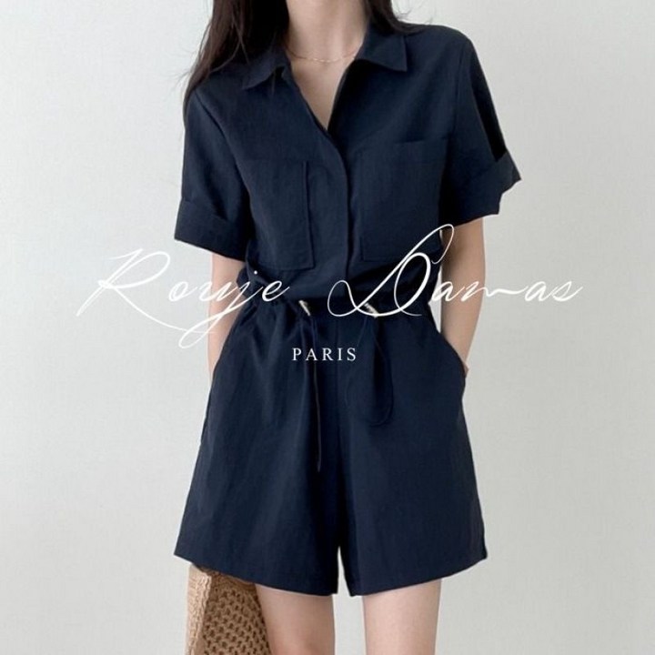 패션고리 여성 카라넥 반팔 밴딩 데일리 점프수트 H1109