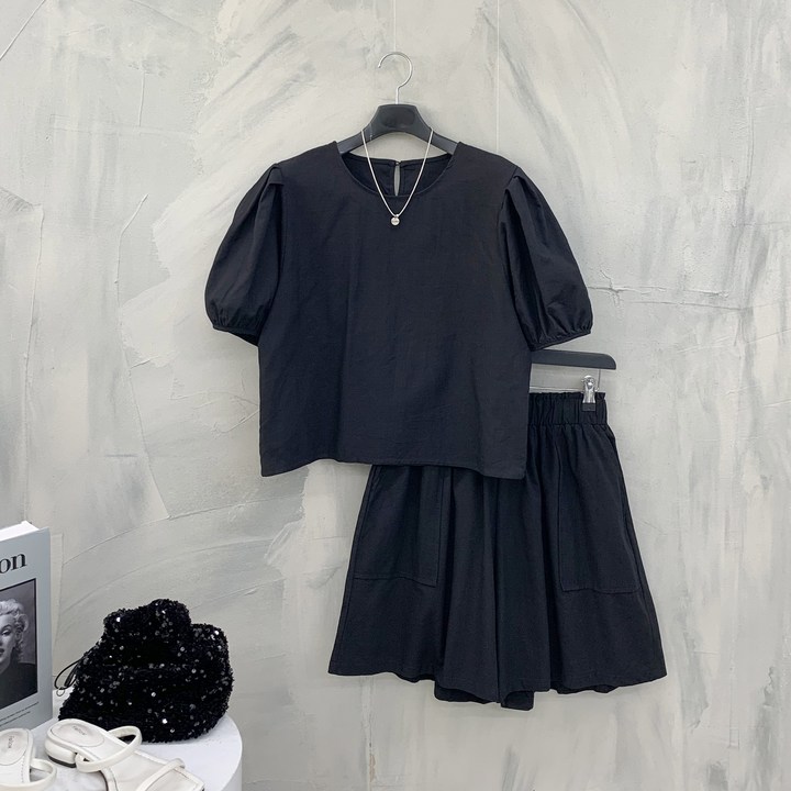 행복여 베리시 린넨 벌룬 소매 블라우스 밴딩 반바지 세트