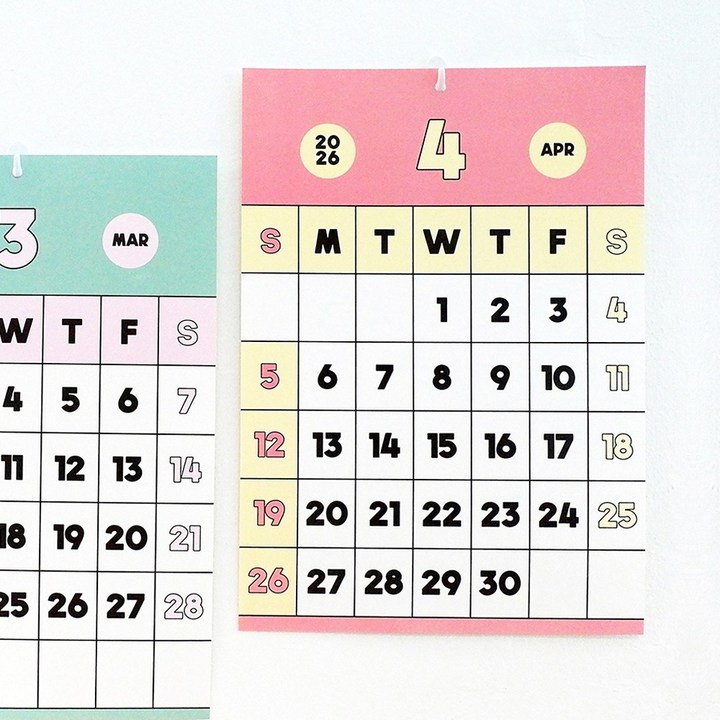 모모팝 2026년 달력 컬러블록 월 캘린더 2026 26년 인테리어 벽걸이달력 A3, 단품