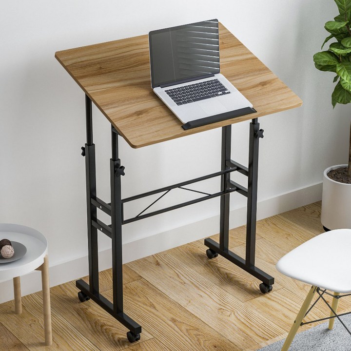 이동식 높이조절 각도조절 바퀴달린 높낮이조절 다용도 보조 책상 테이블, 브라운 무늬상판블랙 프레임
