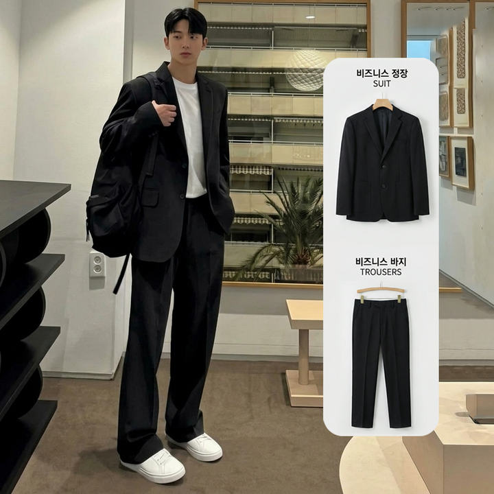 남자 여름 정장 세트 스판 루즈핏 자켓팬츠 구김방지 오버핏 캐주얼 수트 남자 여름 정장 세트 스판 루즈핏 자켓팬츠 구김방지 오버핏 캐주얼 수트