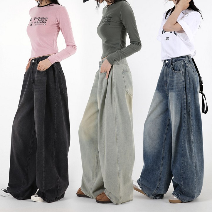 오버나인 여자 여성 와이드핏 벌룬 데님 워싱 핀턱 팬츠 청바지