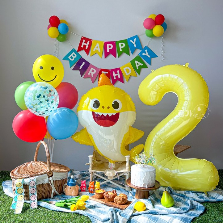 아기상어 생일풍선 두돌생일상 생일파티세트, 레인보우