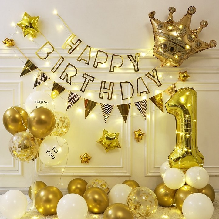 파티샵 파티용품 생일 풍선 세트 (손펌프포함) 왕관 세트 대형 숫자변경가능, 골드+전구