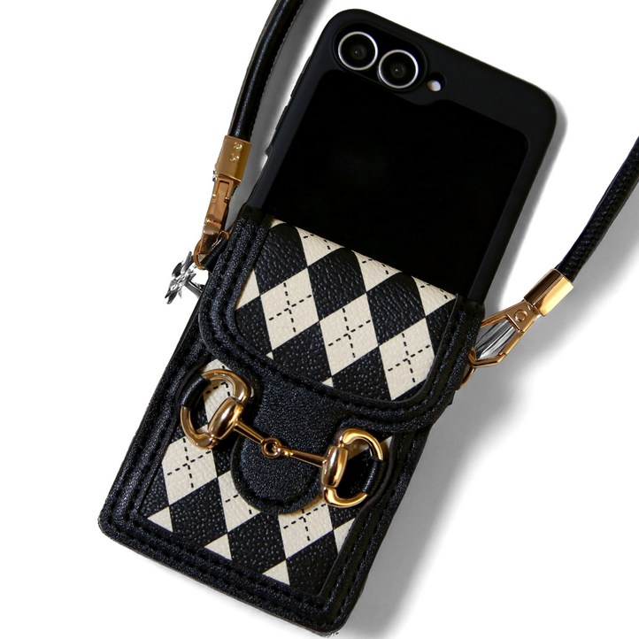 그린나무GRNM 레트로 아가일 체크 패턴 카드 지갑 미니백 Z플립 크로스 폰 케이스 가죽 스트랩 2종 포함