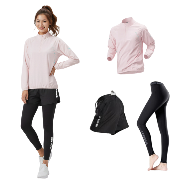 BYMSPORT 여성 런닝복 스포츠웨어 상하 운동복 세트 긴팔포켓반바지긴레깅스