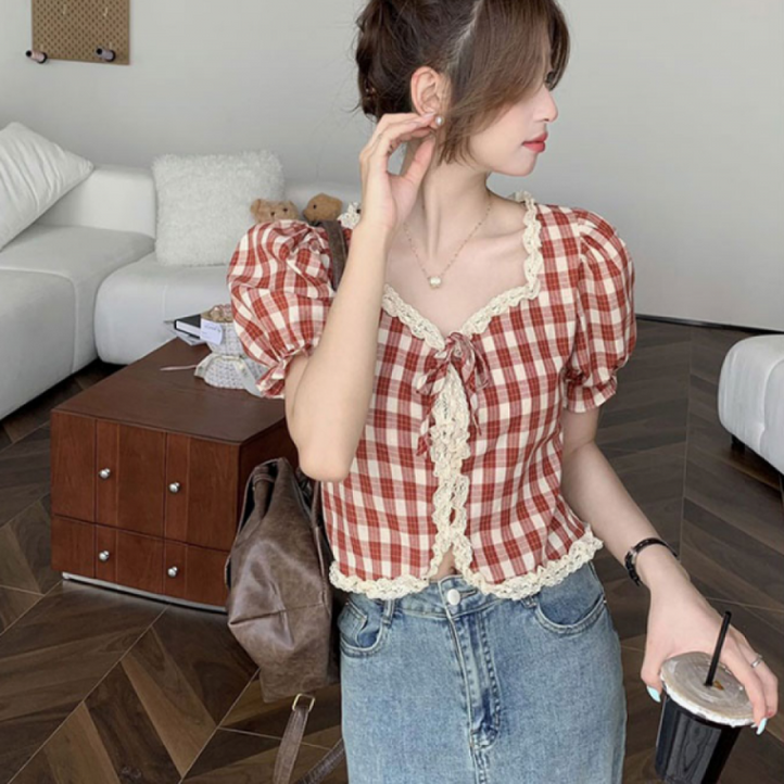 퍼프소매 러블리무드 체크 반팔 블라우스 크롭 리본