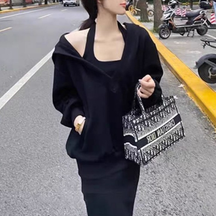 해피유통 여성 봄가을 캐주얼 원피스 세트 V넥 드레스와 후드 티bhf