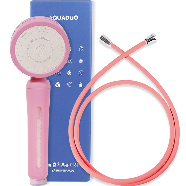 아쿠아듀오 블라썸 샤워기 + PVC 샤워호스 1.5m 세트 핑크, 1세트 7043801130