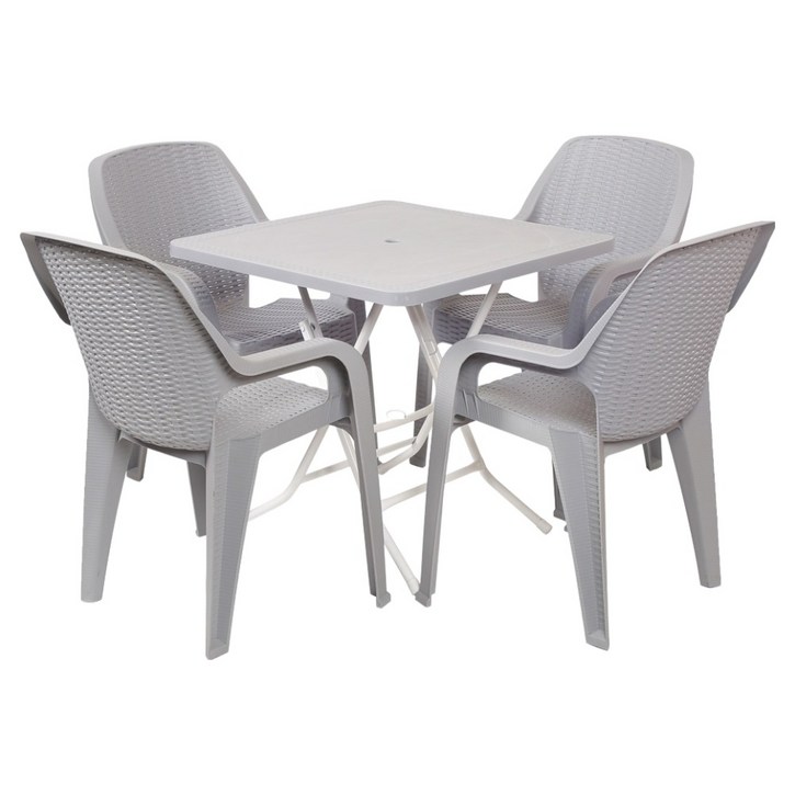 지오리빙 라탄 테이블 사각  팔걸의 의자 4p 세트 고객직접설치, 라이트그레이