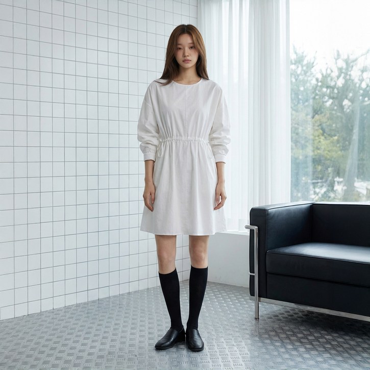 페이퍼먼츠 네르아 허리 셔링 무지 미디 원피스 14396