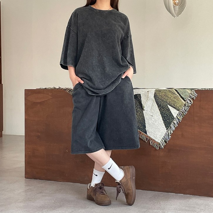 [얼로우][SET]비비 피그먼트 오버핏 반팔 반바지 셋업 버뮤다 밴딩 숏팬츠 여름 트레이닝 투피스 세트 남여공용 커플룩 시밀러룩