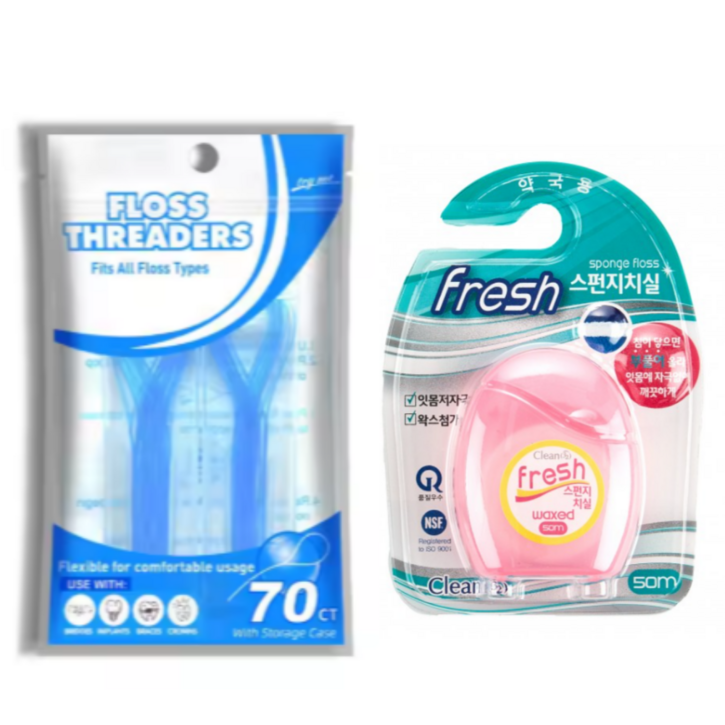 교정 유지장치 치실 슈퍼플로스 치실 투명 치아 교정기 스펀지치실 왁스, 1세트, 2개입, 50m
