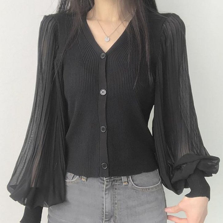 지고다그 여성 봄가을 빅사이즈 브이넥 버튼 니트 가디건 셔링 벌룬소매 슬림핏 데일리룩 SX70237