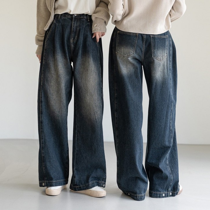 앤더데이 여성용 투핀턱 밑단 스냅 와이드진 3기장팬츠