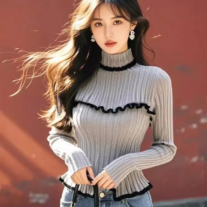 SK4181 프릴 배색 슬림 니트티