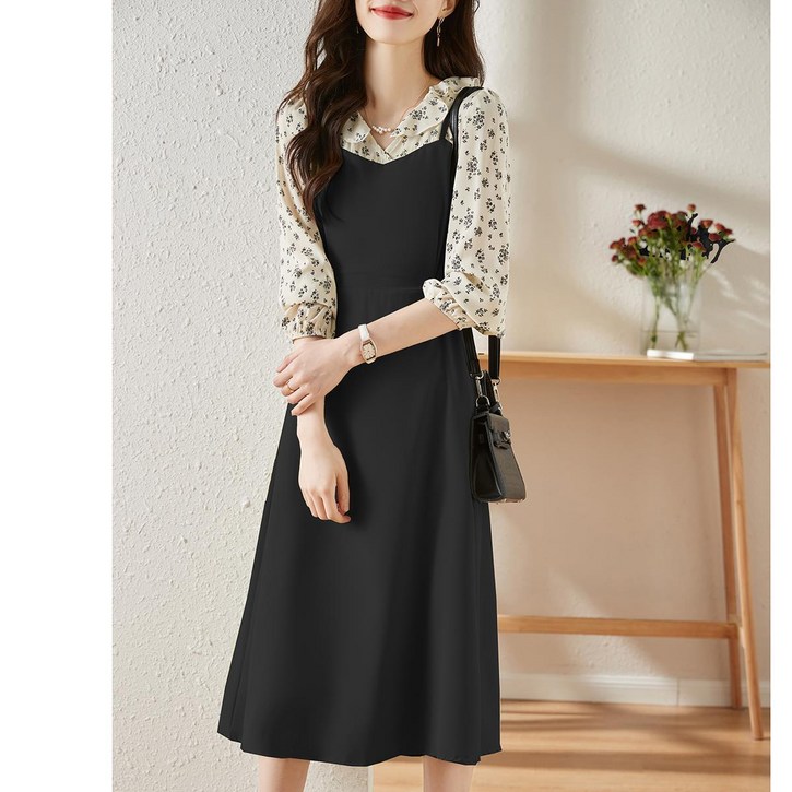 POMTOR 여성 봄 가을 플라워 긴팔 미디 쉬폰 원피스