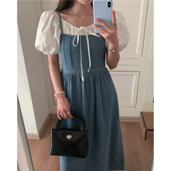 브레드 스퀘어넥 데님 스모크 밴딩 나시 뷔스티에 A라인 플레어 청 롱 원피스