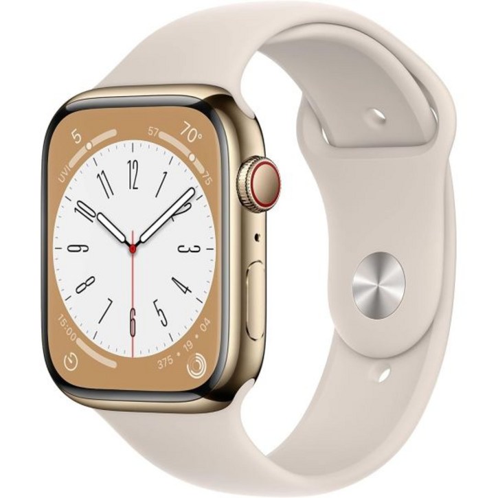 Apple Watch 시리즈 8GPS 셀룰러 45mm 스타라이트 스포츠 밴드가 있는 골드 스테인리스 스틸 케이스갱신