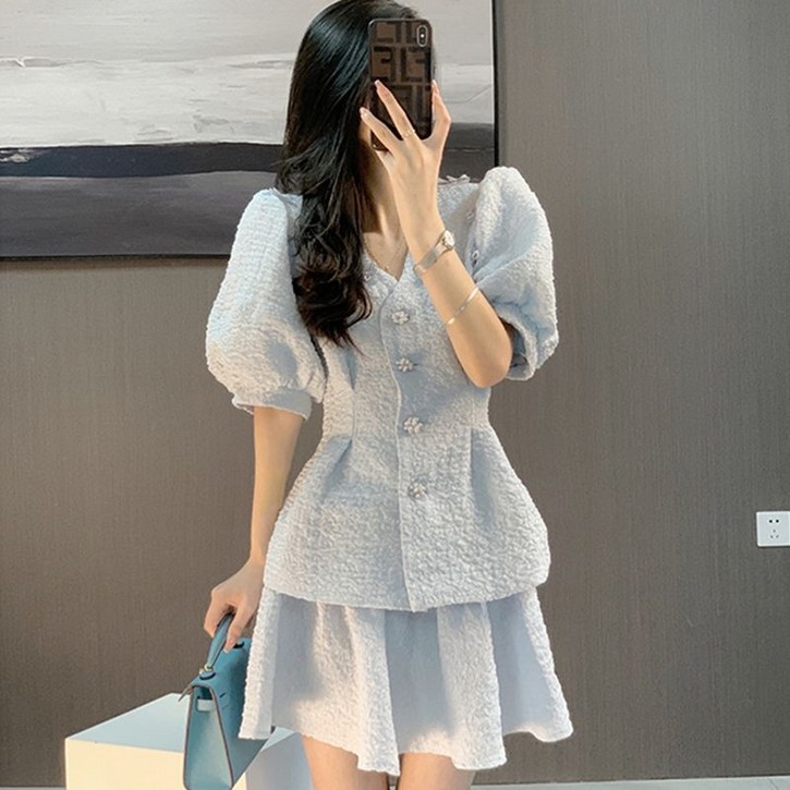데일리 여성 투피스 세트 패션 슬림핏 트위드 반팔 자켓  미니 스커트 여름 캐주얼 여자 하객룩 세트 LCC