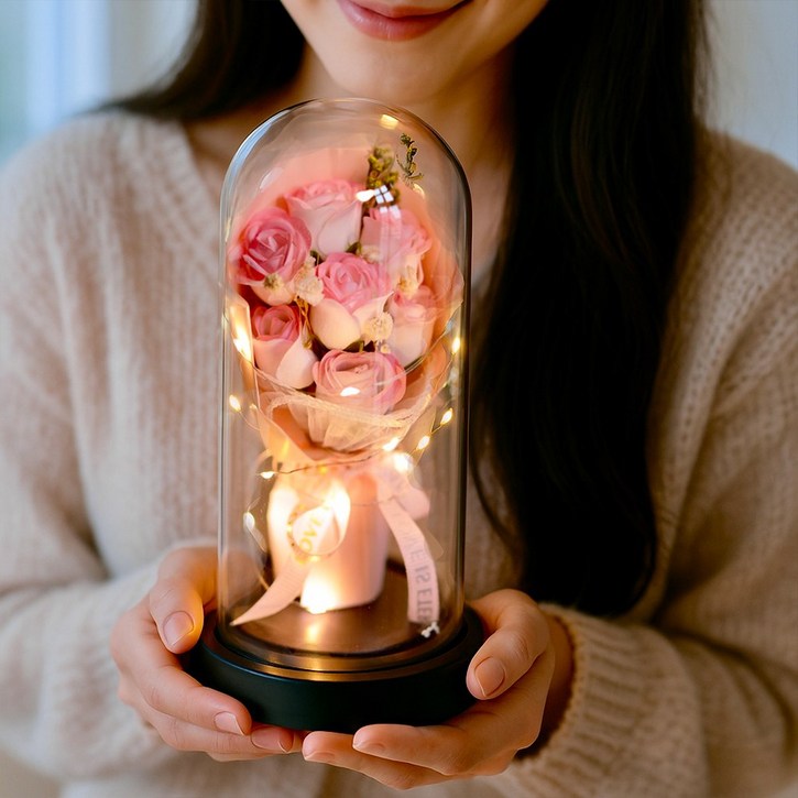 (건전지 포함) 아르띠콜로 장미꽃 유리돔 꽃다발 무드등