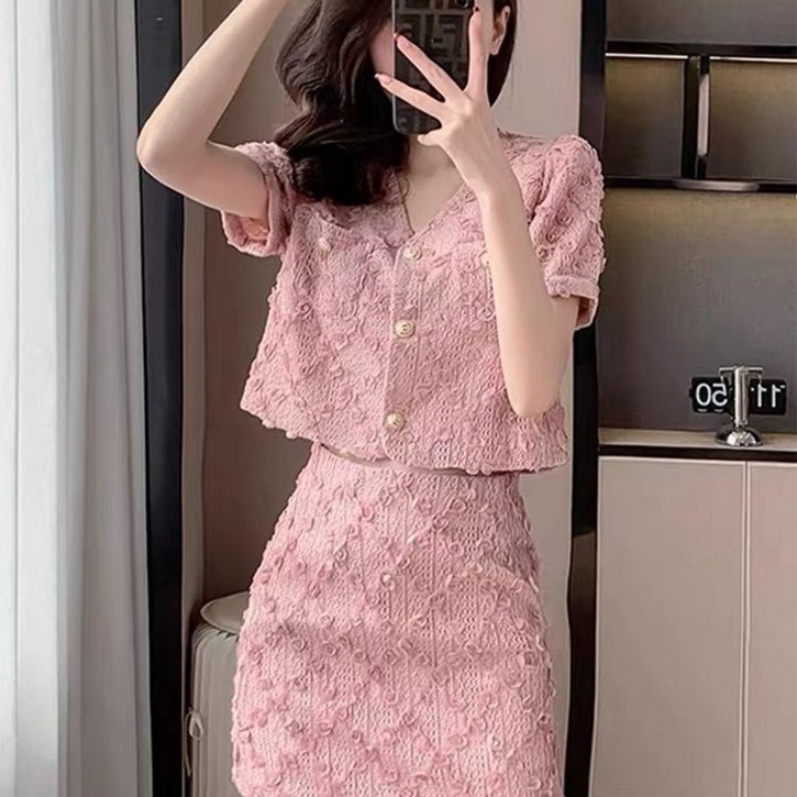 꽃소담 여성 핑크 레이스 여름 트위드 미니 스커트 반팔자켓 상하의 세트  XP945