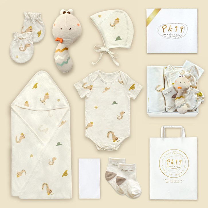 ikii 오가닉 신생아 반소매 바디슈트 출산 용품 7종  선물포장  쇼핑백 세트