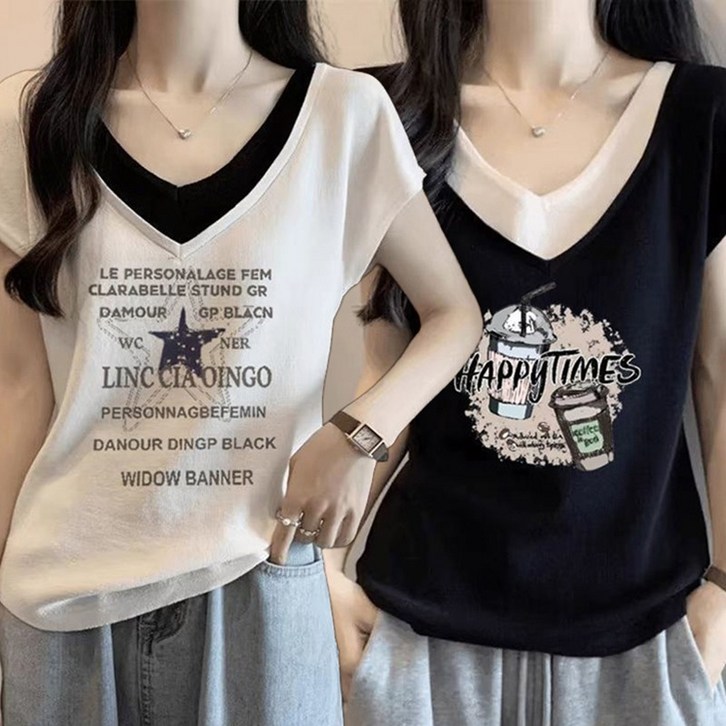 2장세트 레이어드 반팔티셔츠 데일리 날씬해보이는 브이넥 반팔티 빅사이즈 M3XL 반팔 영문티 프린팅 여름티