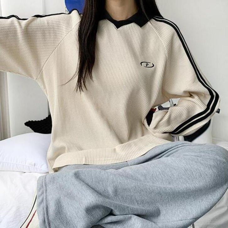 스포티힙4col 에리카 루즈핏 배색 라인 자수 카라 와플 맨투맨