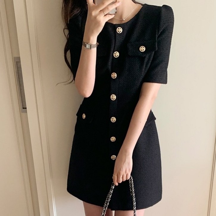 예쁨시전 여름 트위드 테일러드 반팔 미니 원피스