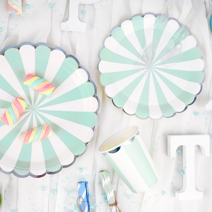 파티팡 파티접시 23cm 10p  파티접시 18cm 10p  파티컵 10p 생일 테이블패키지 10인세트, 스트라이프 민트