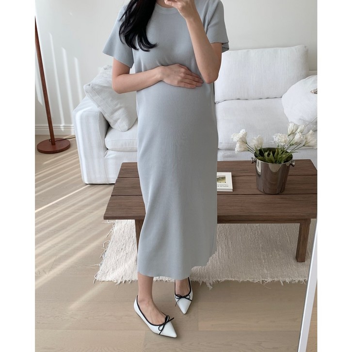 루즈핏 반팔 옆트임 롱 니트원피스임부복하객룩